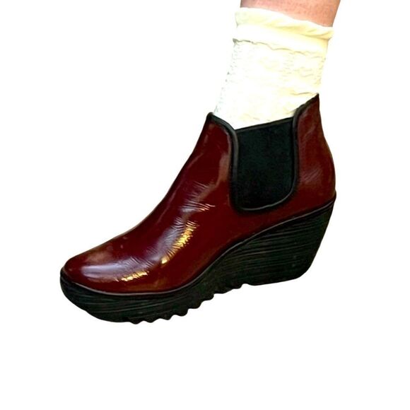 Fly London Burgundy wedge platform Yat Chelsea Bootie boots 38 8 Portugal NEW - Picture 5 of 16